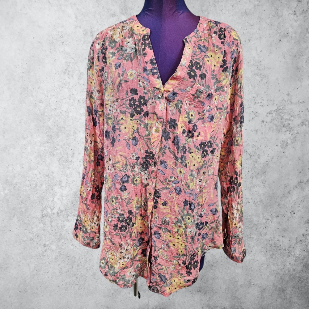 Zac & Rachel Pink Floral Long Sleeve Button Down Blouse XL Split Neck Feminine